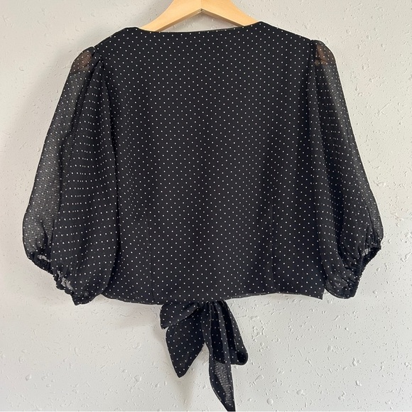 Lulu’s Black Cream Polka Dot Tie Cropped Blouse Puff Sleeve Casual Formal Large - Picture 4 of 6